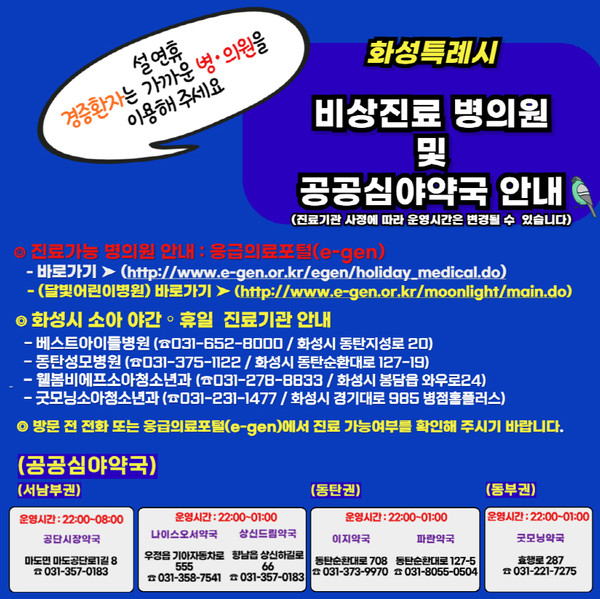 ▲ 화성특례시 비상진료 병의원 및 공공심야약국 안내물.