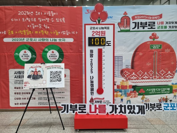 ▲ 군포시 사랑의 온도탑 100도 달성 모습.