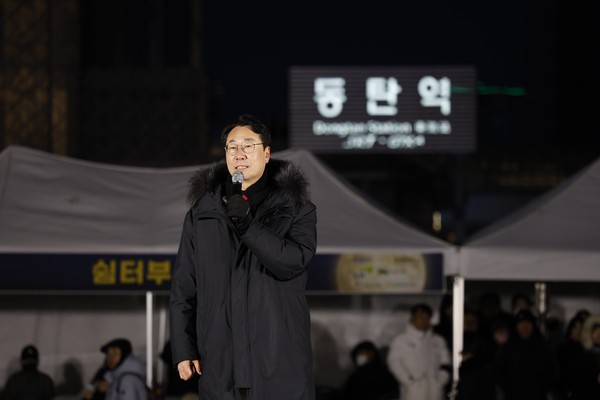 ▲ 정명근 화성시장이 정월대보름 축제서 인사말을 하고 있다.