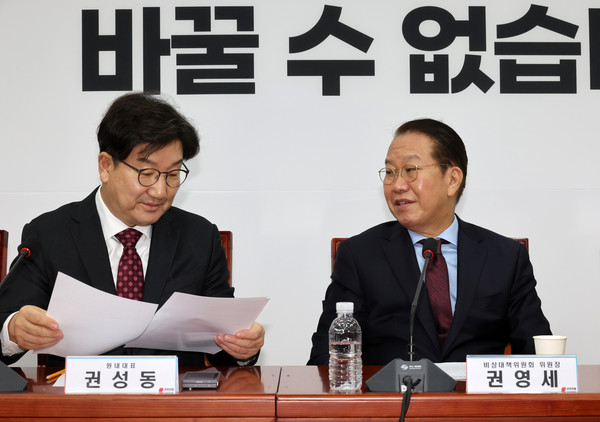 ▲ 대화 나누는 권영세 비대위원장과 권성동 원내대표. /뉴시스