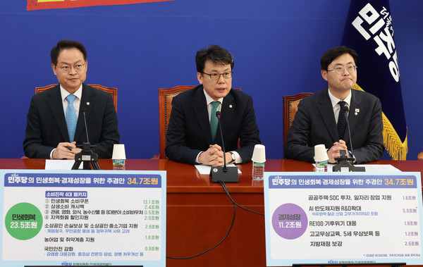 ▲ 추경 관련 발언하는 진성준 정책위의장. /뉴시스