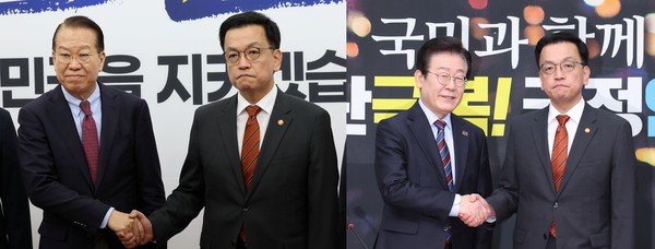 ▲ 최상목 대통령 권한대행 부총리 겸 기획재정부 장관이 13일 서울 여의도 국회에서 권영세(왼쪽사진 왼쪽) 국민의힘 비상대책위원장, 이재명(오른쪽사진 왼쪽) 더불어민주당 대표를 접견하며 악수하고 있다. /뉴시스