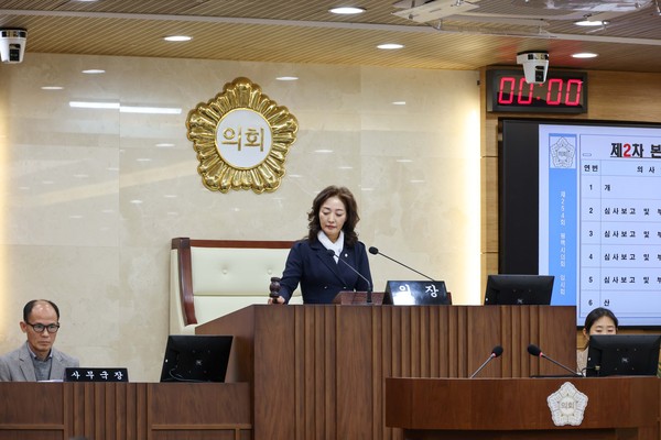 ▲ 제254회 임시회 제2차본회의에서 의사봉 타봉하는 김명숙 부의장.