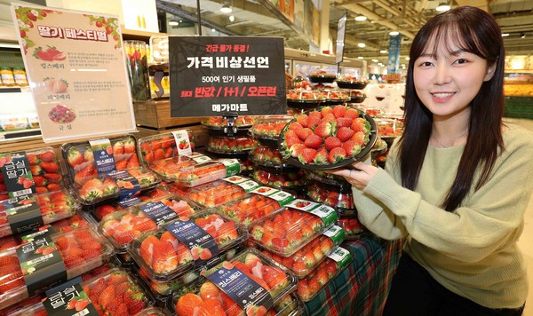 ▲ 메가마트 부산 동래점에서 한 직원이 행사 상품을 선보이는 모습. /뉴시스
