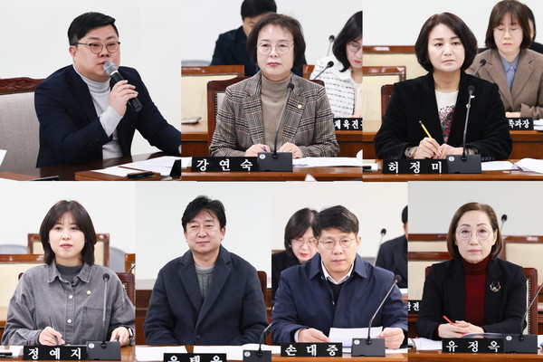 ▲ 윤구영-강연숙-허정미-정예지-윤태웅-손대중-유정옥 의원.