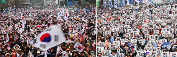 ▲ 제106주년 삼일절인 1일 서울 도심 곳곳에서 윤석열 대통령 탄핵 찬반 집회가 열렸다. 사진 왼쪽은 광화문광장 일대에서 열린 ‘자유통일을 위한 국민대회’, 오른쪽은 종로구 안국동에서 열린 야5당 공동 ‘윤석열 파면 촉구 범국민대회’ 모습. /뉴시스