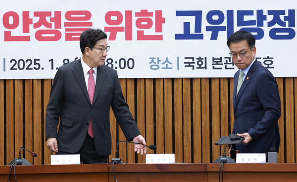 ▲ 최상목 대통령 권한대행 부총리 겸 기획재정부 장관이 8일 서울 여의도 국회에서 열린 고위당정협의회에 참석하고 있다. 왼쪽은 권성동 국민의힘 원내대표. /뉴시스