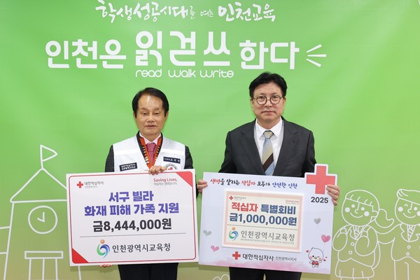 ▲ 서구 빌라 화재 사고 피해 가정에 성금 전달 모습.