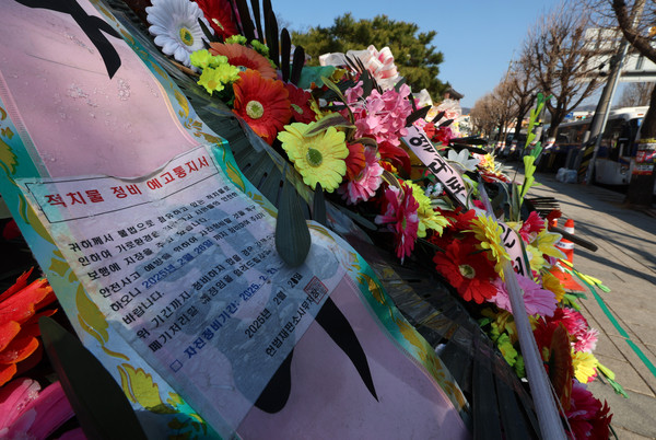 ▲ 윤석열 대통령 탄핵심판 선고가 예상보다 늦어지고 있는 19일 오전 서울 종로구 헌법재판소 앞에 윤 대통령 지지자들이 보낸 화환이 놓여 있다. 헌법재판소 사무처장이 지난 달 26일까지 자진 정비를 요청하며 적치물 정비 예고통지서를 부착했지만 화환은 방치되고 있다. /뉴시스