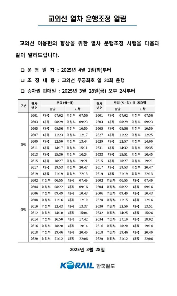 ▲ 교외선 열차 운행조정 알림.