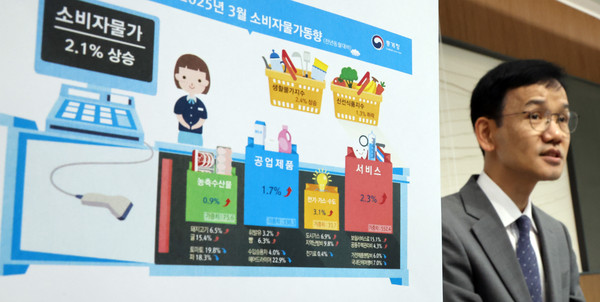 ▲ 이두원 통계청 경제동향통계심의관이 2일 세종시 정부세종청사에서 2025년 3월 소비자물가동향을 발표하고 있다. 지난달 소비자물가지수는 116.29로 전년 동월 대비 2.1% 상승한 것으로 나타났다. /뉴시스