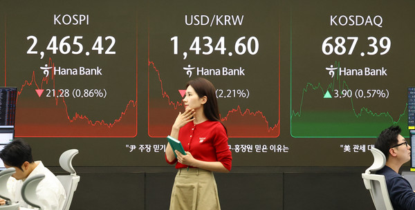 ▲ 4일 오후 서울 중구 하나은행 딜링룸에서 딜러들이 업무를 하고 있다. /뉴시스