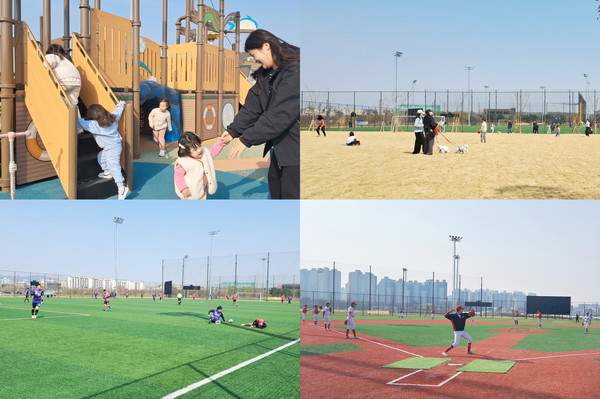 ▲ 황구지천생태수자원센터 체육공원 주요 시설(어린이 놀이터, 잔디 광장, 축구장, 야구장).