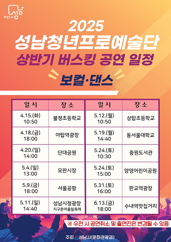 ▲ 성남시 청년프로예술단 거리공연 일정 안내 포스터.