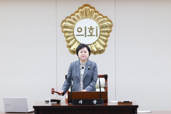▲ 제268회 임시회서 타봉 중인 안애경 의장.