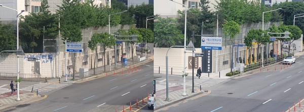 ▲ 안양시 호계3동 경수대로 주변 보행도로 조형물 설치 전후 모습.