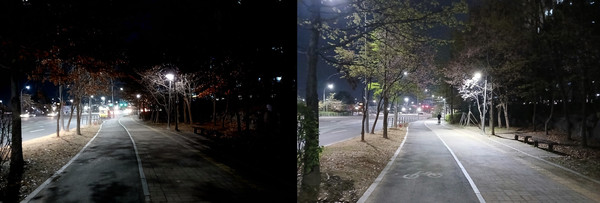 ▲ 파주시 운정신도시 심학산로 가로·보행등 LED 교체 전후 모습.