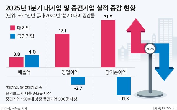 ▲ 2025년 1분기 대기업 및 중견기업 실적 증감 현황. /뉴시스