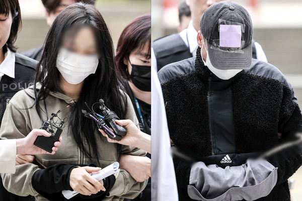 ▲ 잉글랜드 프로축구 프리미어리그 토트넘 홋스퍼 주장 손흥민을 상대로 허위 임신을 주장하며 금품을 요구한 혐의를 받는 20대 여성 양 모 씨와 40대 남성 용 모 씨가 17일 서울 서초구 서울중앙지방법원에서 열린 영장실질심사에 출석하고 있다. /뉴시스