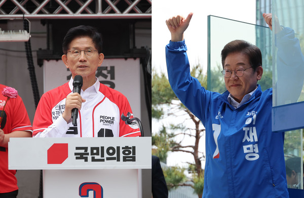 ▲ 공약 발표하는 김문수 대선후보-방탄 유리막 사이에 선 이재명 후보. /뉴시스