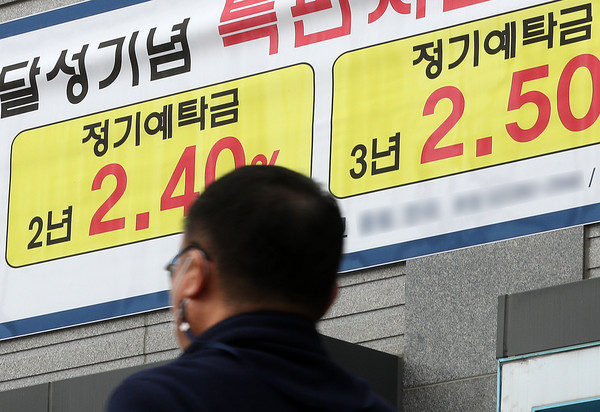 ▲ 한국은행 금융통화위원회가 기준금리 인상을 발표한 25일 오후 서울 시내 한 은행 영업점 앞에 예금금리 행사 안내문이 붙어있다. /뉴시스