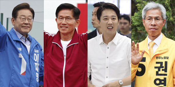 ▲ 이재명 더불어민주당 대선후보와 김문수 국민의힘 대선후보, 이준석 개혁신당 대선후보, 권영국 민주노동당 대선후보가 지지를 호소하고 있다. /뉴시스