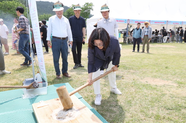 ▲ 김보라 안성시장이 '2025 전통시장 한마당 행사'에서 떡방아를 찧고 있다.