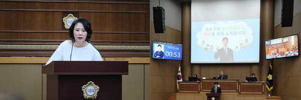 ▲ 안미자 의원(왼쪽)과 채우진 의원(오른쪽) 5분 자유 발언 진행 모습.