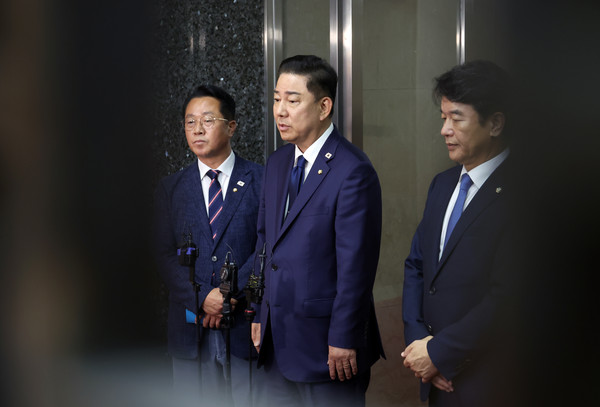 ▲ 백브리핑하는 김병기 원내대표. /뉴시스