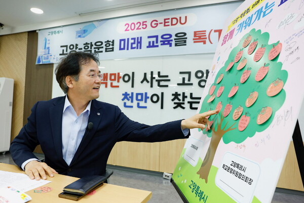 ▲ 이동환 고양특례시장이 ‘고양 정책나무 보드’에 붙여진 포스트잇의 내용을      읽어보고 있다.