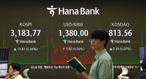 ▲ 서울 하나은행 본점 딜링룸 전광판에 코스피 종가가 표시되고 있다. /뉴시스