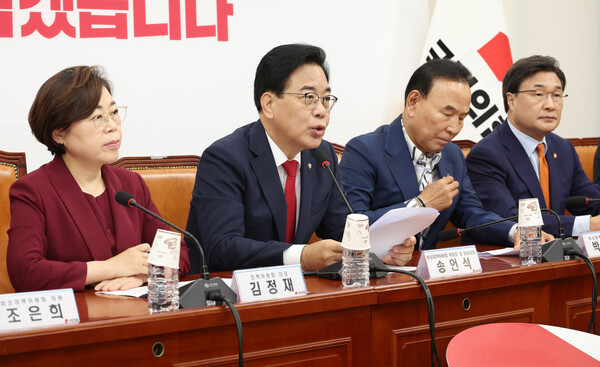 ▲ 송언석 국민의힘 비상대책위원장 겸 원내대표가 서울 여의도 국회에서 열린 원내대책회의에서 발언하고 있다. /뉴시스