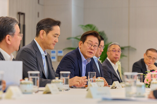 ▲ 이재명 대통령이 19일 서울 용산 대통령실 청사에서 열린 美日 순방 동행 경제단체 및 기업인 간담회에서 발언하고 있다. /뉴시스