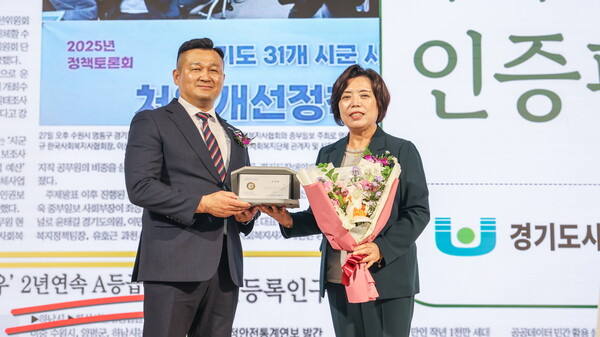 ▲ 신계용 과천시장(오른쪽)이 박찬수 경기도사회복지사협회장(왼쪽)으로부터 우수지자체 인증패를 전달받았다.