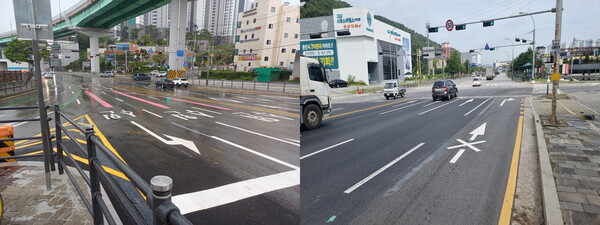 ▲ 경희대삼거리 좌회전 차로 추가 공사 완료 모습(왼쪽)과 무수교삼거리 우회전 차로 신설 모습(오른쪽).