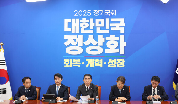▲ 김병기 더불어민주당 원내대표가 23일 오전 서울 여의도 국회에서 열린 원내대책회의에서 발언을 하고 있다. /뉴시스