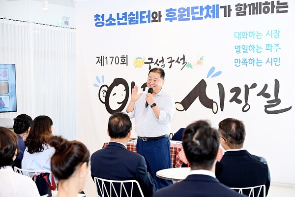 ▲ 김경일 파주시장이 '파주여자단기청소년쉼터와 후원단체가 함께하는 이동시장실'을 진행하고 있다.