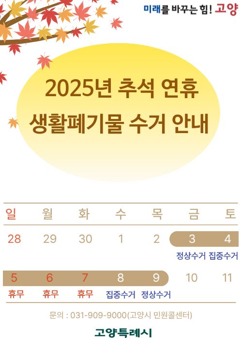 ▲ 고양특례시 추석 연휴기간 쓰레기 수거 안내물.