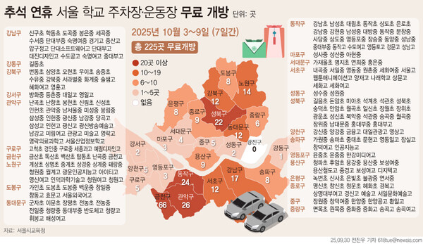 ▲ 추석 연휴 서울 학교 주차장·운동장 무료 개방 지도. /뉴시스