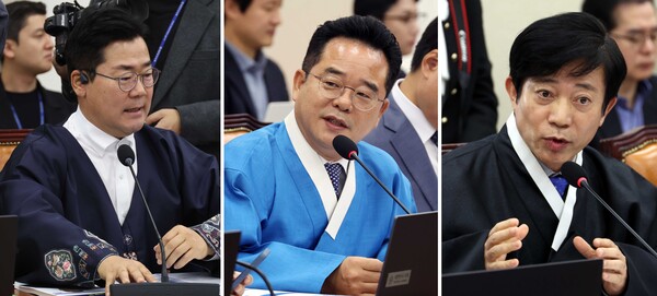 ▲ 한복입고 질의하는 박찬대-민병덕-이강일. /뉴시스