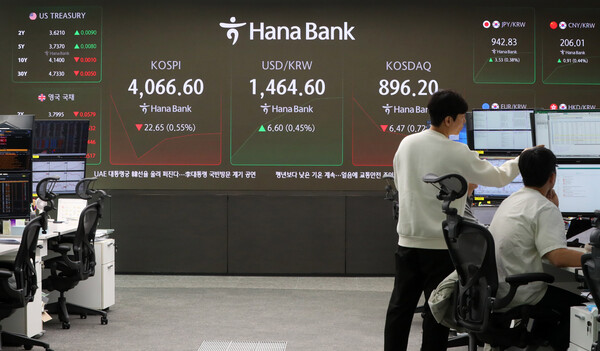 ▲ 서울 중구 하나은행 딜링룸 전광판에 지수가 표시 되고 있다. /뉴시스