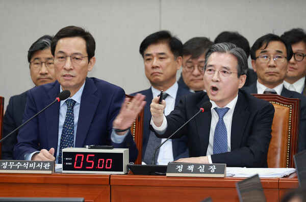 ▲ 김용범 대통령비서실 정책실장이 18일 서울 여의도 국회에서 열린 운영위원회 전체회의에서 김은혜 국민의힘 의원의 전세 관련 질의를 듣던 중 가족이 언급되자 격노하고 있다. /뉴시스