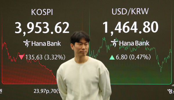 ▲ 서울 중구 하나은행 딜링룸 전광판에 지수가 표시되고 있다. /뉴시스