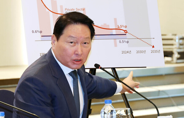 ▲ 최태원 SK그룹 겸 대한상공회의소 회장이 20일 오전 서울 영등포구 CCMM빌딩에서 열린 '제2차 기업성장포럼'에서 인사말을 하고 있다. /뉴시스