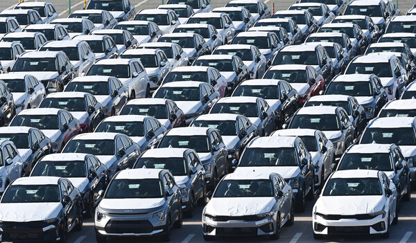 ▲ 이날 경기 평택항 자동차전용부두에 수출용 차량이 세워져 있는 모습. /뉴시스