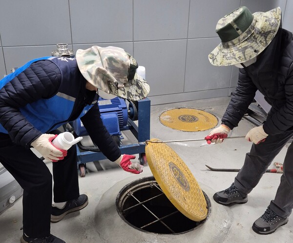 ▲ 월동모기 방제를 위해 유충 구제제를 투입하고 있는 모습.