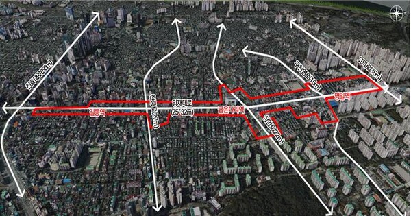 ▲ 길동, 굽은다리, 명일역 3개 역세권 지구단위계획 위치도.