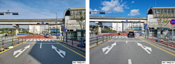 횡단보도와 차량정지선 이격거리를 5m로 확대한 처인구 역북동 491번지의 모습(이격거리 확대 전(왼쪽)과 후).