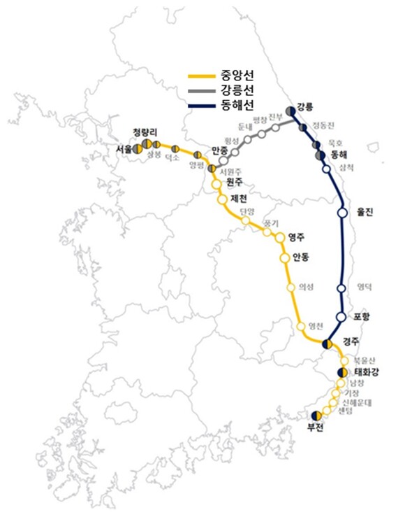 ▲ KTX-이음이 투입되는 중앙선·동해선·강릉선 노선도. /뉴시스