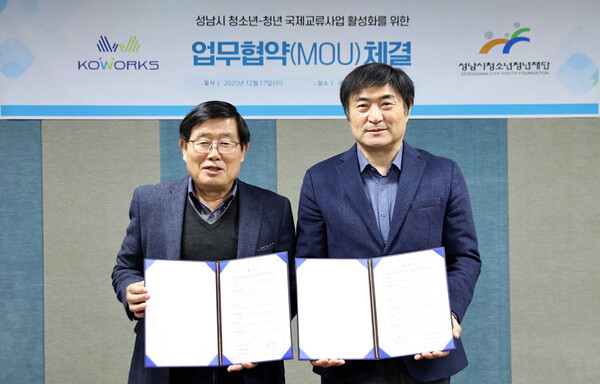 ▲ (왼)성남시청소년청년재단 양경석 대표이사 (오)주식회사 코웍스 김진오 대표이사.